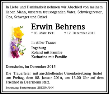 Traueranzeige von Erwin Behrens  von Magdeburger Volksstimme