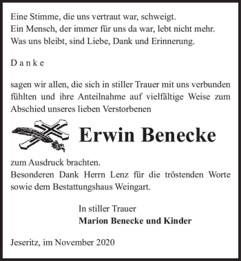 Traueranzeige von Erwin Benecke  von Magdeburger Volksstimme