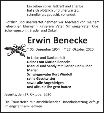 Traueranzeige von Erwin Benecke  von Magdeburger Volksstimme