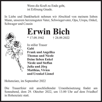 Traueranzeige von Erwin Bich  von Magdeburger Volksstimme