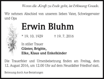 Traueranzeige von Erwin Bluhm  von Magdeburger Volksstimme