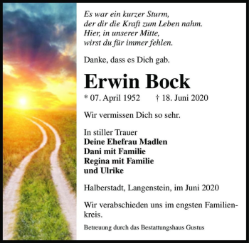 Traueranzeige von Erwin Bock  von Magdeburger Volksstimme