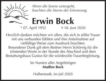 Traueranzeige von Erwin Bock  von Magdeburger Volksstimme