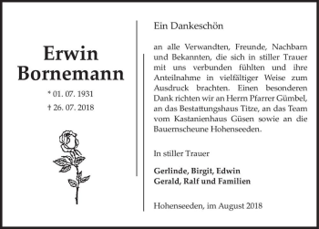 Traueranzeige von Erwin Bornemann  von Magdeburger Volksstimme