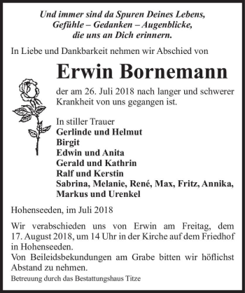 Traueranzeige von Erwin Bornemann  von Magdeburger Volksstimme