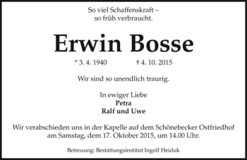Traueranzeige von Erwin Bosse  von Magdeburger Volksstimme