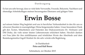 Traueranzeige von Erwin Bosse  von Magdeburger Volksstimme