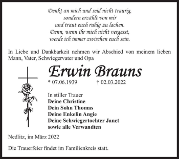 Traueranzeige von Erwin Brauns  von Magdeburger Volksstimme