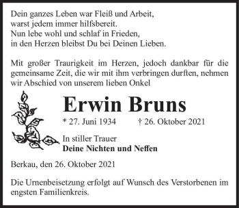 Traueranzeige von Erwin Bruns  von Magdeburger Volksstimme