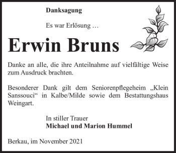 Traueranzeige von Erwin Bruns  von Magdeburger Volksstimme