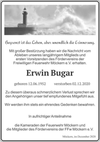 Traueranzeige von Erwin Bugar von Magdeburger Volksstimme