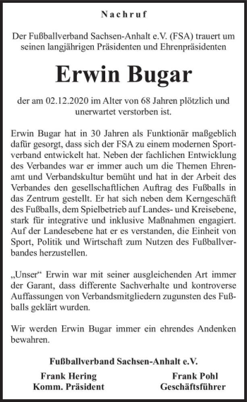 Traueranzeige von Erwin Bugar von Magdeburger Volksstimme