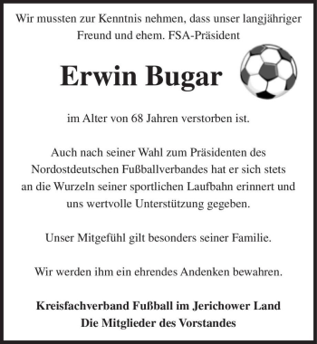 Traueranzeige von Erwin Bugar von Magdeburger Volksstimme