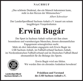 Traueranzeige von Erwin Bugar von Magdeburger Volksstimme
