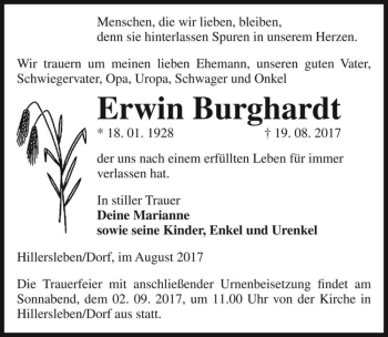 Traueranzeige von Erwin Burghardt  von Magdeburger Volksstimme