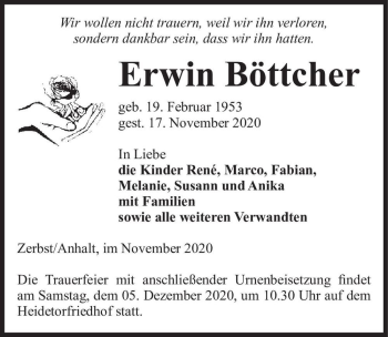Traueranzeige von Erwin Böttcher  von Magdeburger Volksstimme