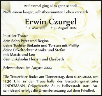 Traueranzeige von Erwin Czurgel  von Magdeburger Volksstimme