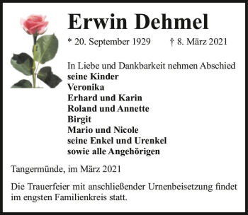 Traueranzeige von Erwin Dehmel  von Magdeburger Volksstimme