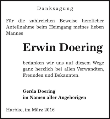 Traueranzeige von Erwin Doering  von Magdeburger Volksstimme