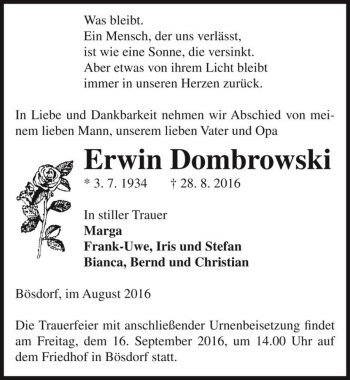 Traueranzeige von Erwin Dombrowski  von Magdeburger Volksstimme