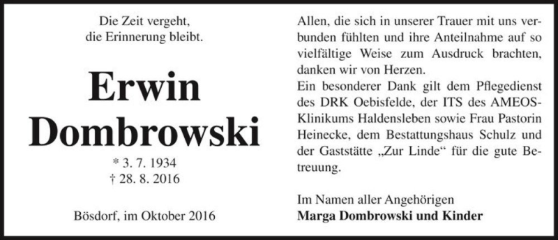  Traueranzeige für Erwin Dombrowski  vom 05.10.2016 aus Magdeburger Volksstimme