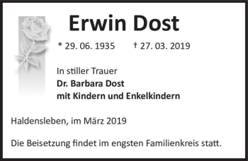 Traueranzeige von Erwin Dost  von Magdeburger Volksstimme