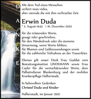 Traueranzeige von Erwin Duda  von Magdeburger Volksstimme