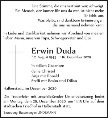 Traueranzeige von Erwin Duda  von Magdeburger Volksstimme