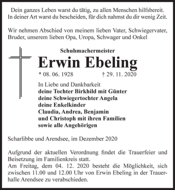 Traueranzeige von Erwin Ebeling  von Magdeburger Volksstimme