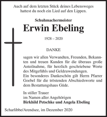 Traueranzeige von Erwin Ebeling  von Magdeburger Volksstimme