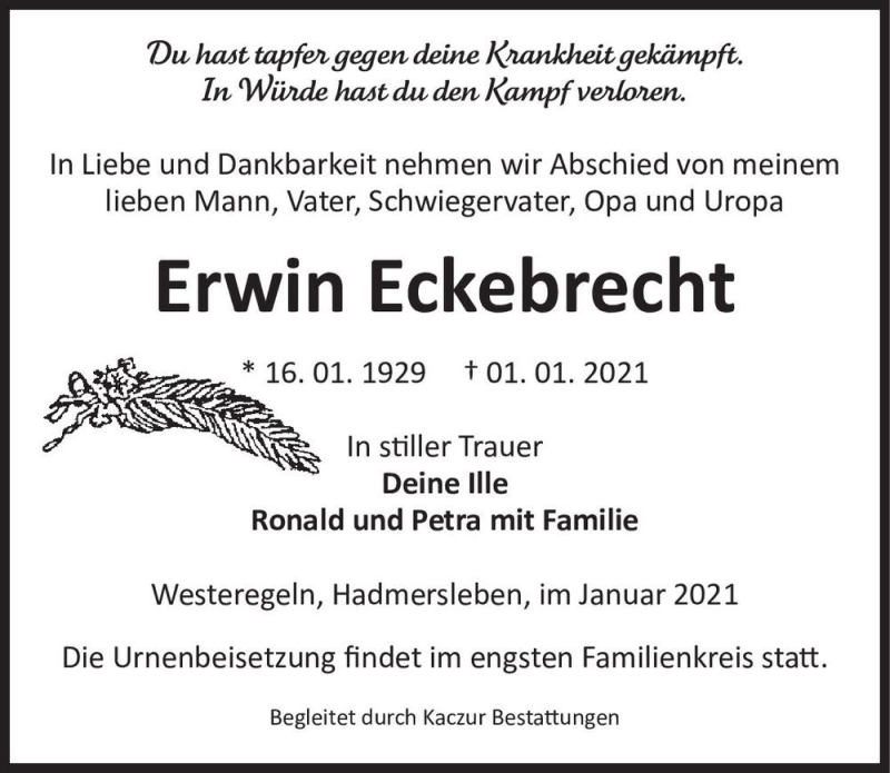  Traueranzeige für Erwin Eckebrecht  vom 09.01.2021 aus Magdeburger Volksstimme
