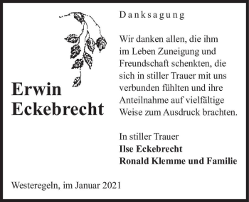 Traueranzeige von Erwin Eckebrecht  von Magdeburger Volksstimme