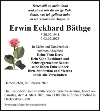 Traueranzeige von Erwin Eckhard Bäthge  von Magdeburger Volksstimme