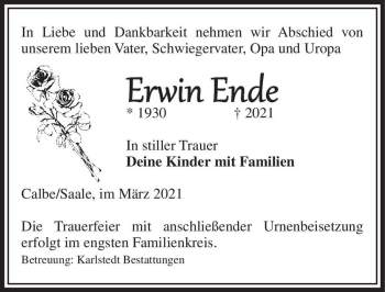 Traueranzeige von Erwin Ende  von Magdeburger Volksstimme