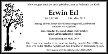Traueranzeige von Erwin Erl  von Magdeburger Volksstimme