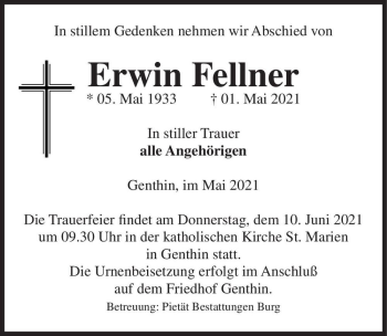 Traueranzeige von Erwin Fellner  von Magdeburger Volksstimme