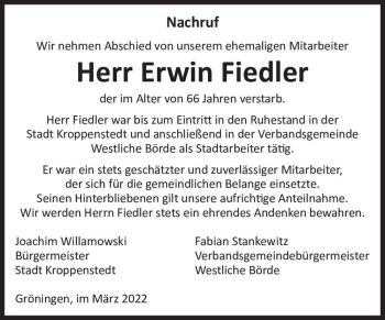 Traueranzeige von Erwin Fiedler  von Magdeburger Volksstimme