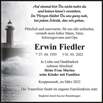 Traueranzeige von Erwin Fiedler  von Magdeburger Volksstimme