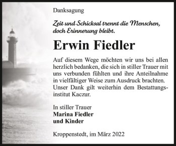 Traueranzeige von Erwin Fiedler  von Magdeburger Volksstimme