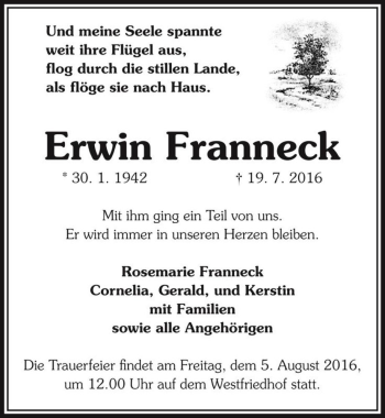 Traueranzeige von Erwin Franneck  von Magdeburger Volksstimme