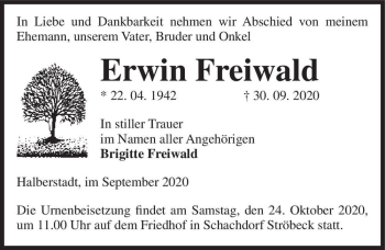 Traueranzeige von Erwin Freiwald  von Magdeburger Volksstimme