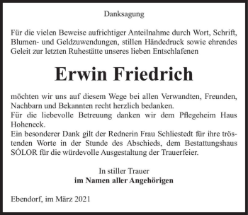 Traueranzeige von Erwin Friedrich  von Magdeburger Volksstimme