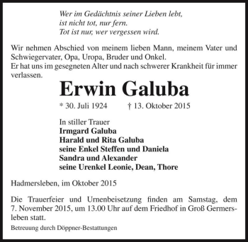 Traueranzeige von Erwin Galuba  von Magdeburger Volksstimme