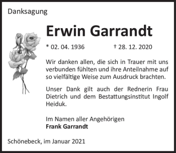 Traueranzeige von Erwin Garrandt  von Magdeburger Volksstimme