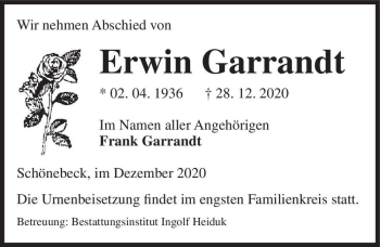 Traueranzeige von Erwin Garrandt  von Magdeburger Volksstimme