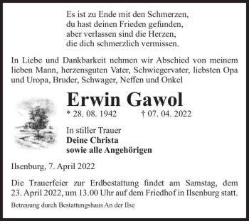 Traueranzeige von Erwin Gawol  von Magdeburger Volksstimme