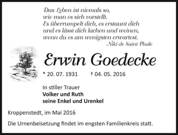 Traueranzeige von Erwin Goedecke  von Magdeburger Volksstimme