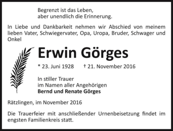 Traueranzeige von Erwin Görges  von Magdeburger Volksstimme