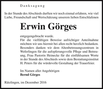 Traueranzeige von Erwin Görges  von Magdeburger Volksstimme