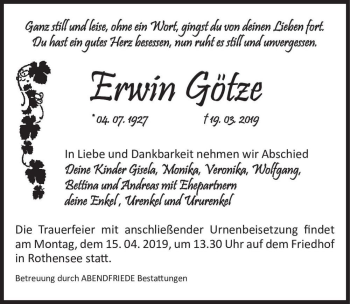 Traueranzeige von Erwin Götze  von Magdeburger Volksstimme